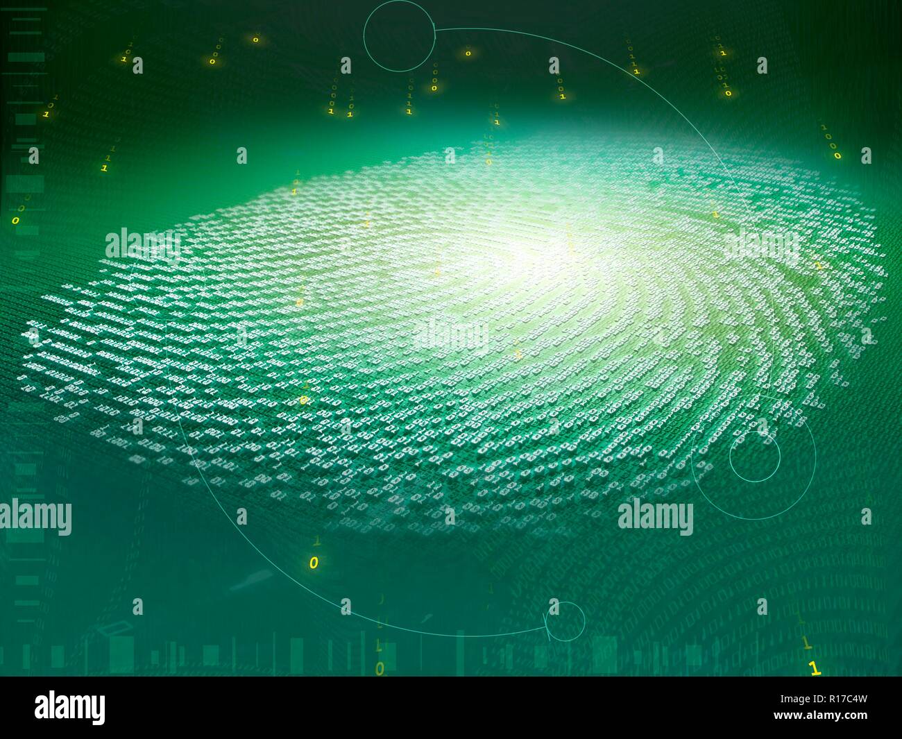 Digitaler Fingerabdruck. Abbildung eines menschlichen Fingerabdruck dargestellt als eine Reihe von Einsen und Nullen, die binären Code in Computing verwendet. Stockfoto
