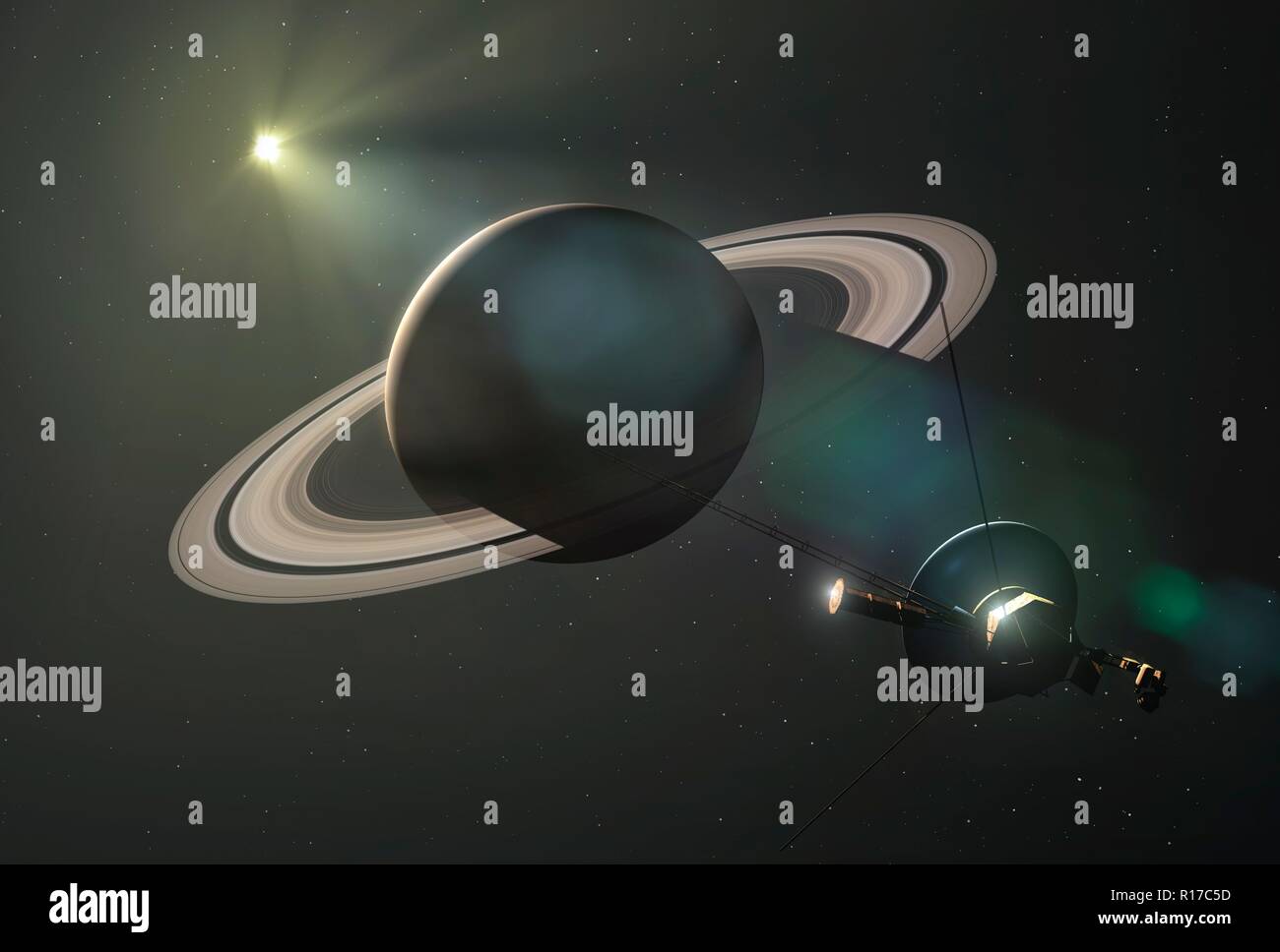 Voyager Raumsonde bei Saturn, Illustration. Zwei Voyager Raumschiff (Voyager 1 und Voyager 2) wurden im Jahre 1977 ins Leben gerufen. Diese Zeit nutzte ein Ra Stockfoto Voyager Raumsonde bei Saturn, Illustration. Zwei Voyager Raumschiff (Voyager 1 und Voyager 2) wurden im Jahre 1977 ins Leben gerufen. Diese Zeit nutzte ein Ra Stockfoto
