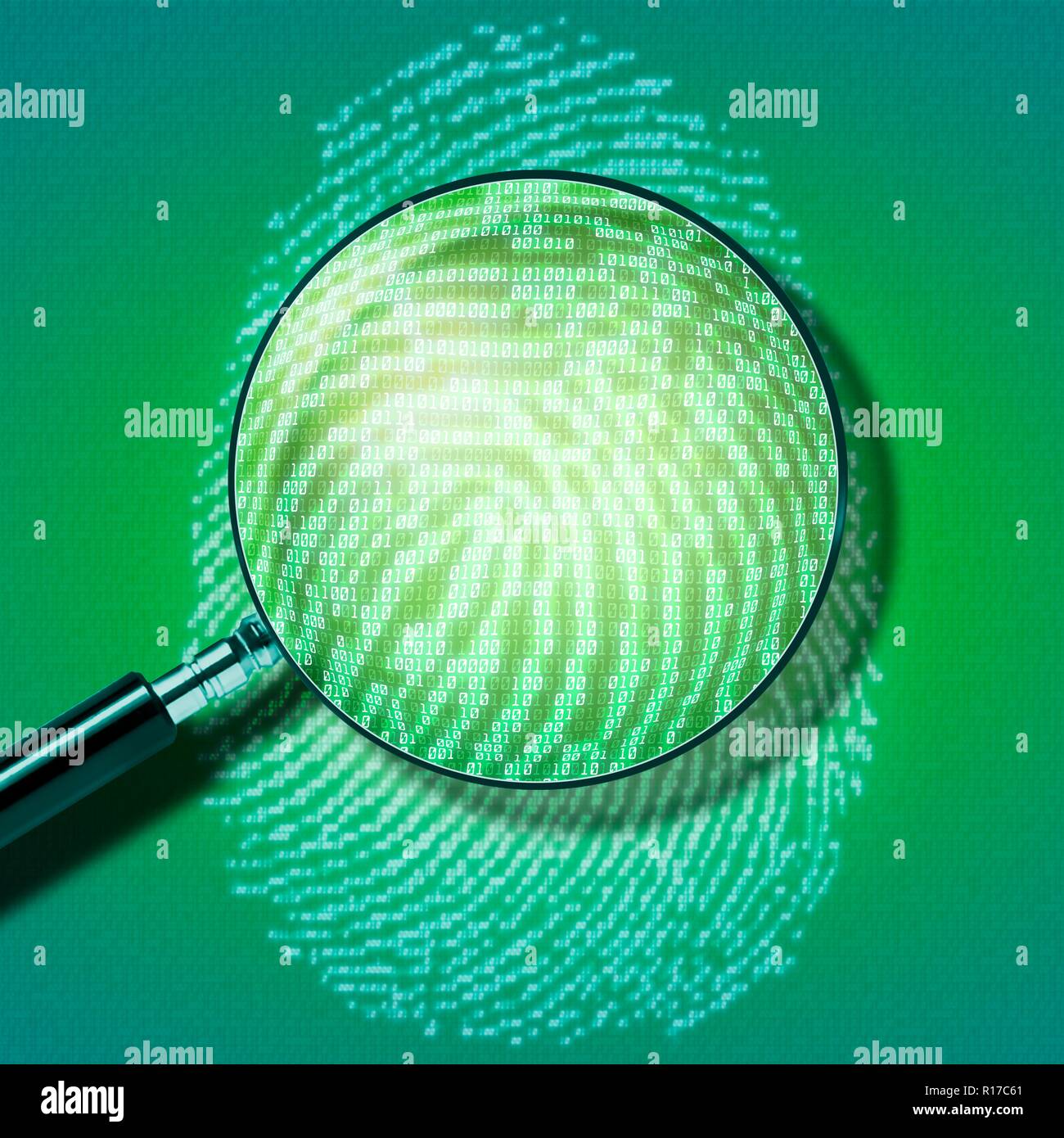 Digitaler Fingerabdruck. Abbildung eines menschlichen Fingerabdruck dargestellt als eine Reihe von Einsen und Nullen, die binären Code in Computing verwendet. Eine Lupe angezeigt wird, die Prüfung des Drucken. Stockfoto