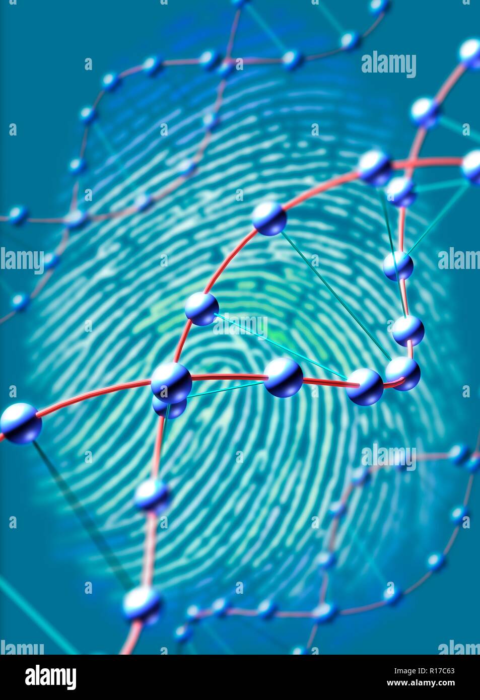 Digitaler Fingerabdruck. Abbildung eines menschlichen Fingerabdruck mit Stränge der DNA (Desoxyribonukleinsäure) davor, als Symbol für das Konzept eines DNA-Fingerabdruck. Stockfoto