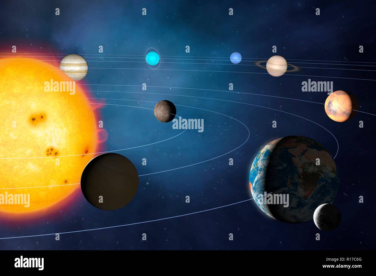 Abbildung: Das Sonnensystem, in dem die Pfade der acht großen Planeten wie Sie umkreisen die Sonne. Die vier inneren Planeten sind, von innen nach außen, Merkur, Venus, Erde und Mars. Die vier äußeren Planeten sind, der inneren auf die äußeren, Jupiter, Saturn, Uranus und Neptun. Stockfoto