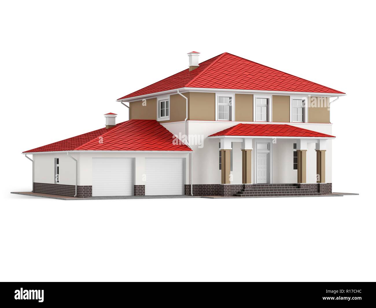 Traditionelles Zweistockiges Haus Mit Rotem Dach Und Integrierter Garage Auf Weissem Hintergrund 3d Darstellung Stockfotografie Alamy