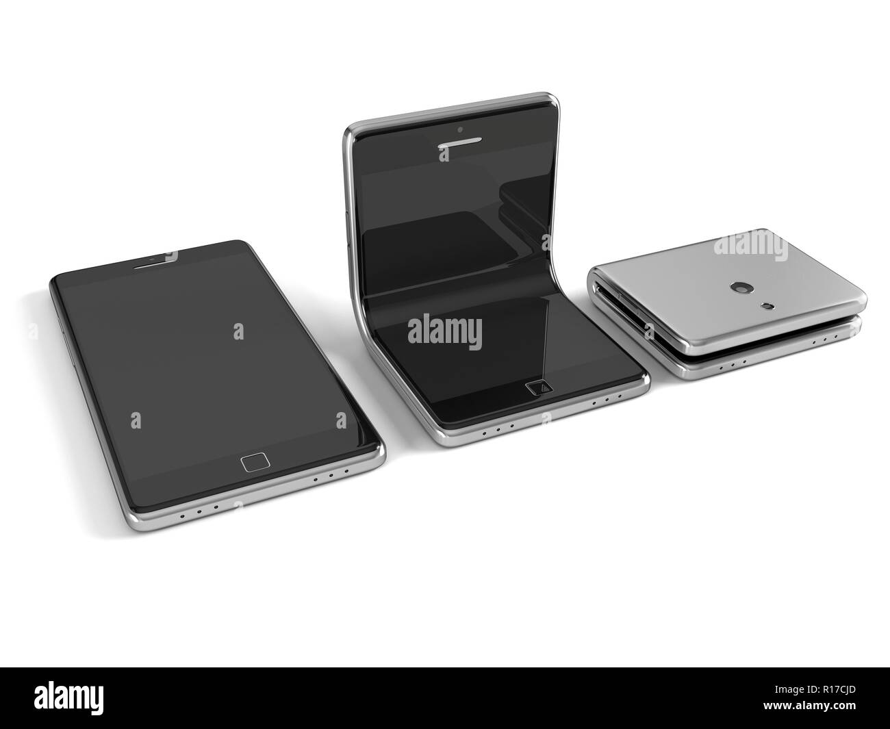 Konzept der faltbare Smartphone. 3D-Abbildung auf weißem Hintergrund. Stockfoto