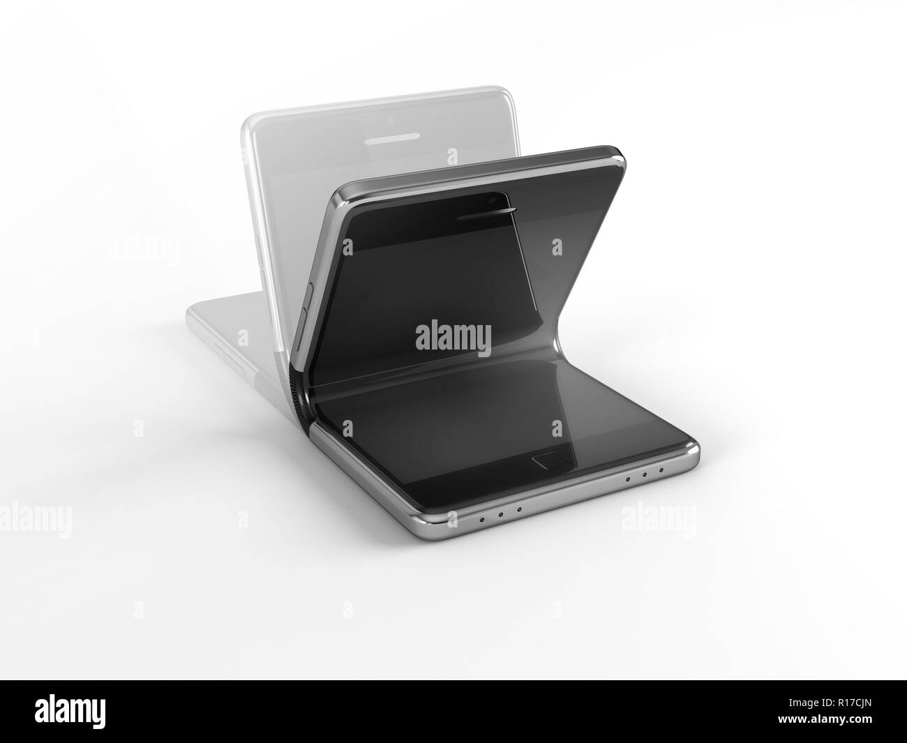 Konzept der faltbare Smartphone. 3D-Abbildung auf weißen Hintergrund. Stockfoto