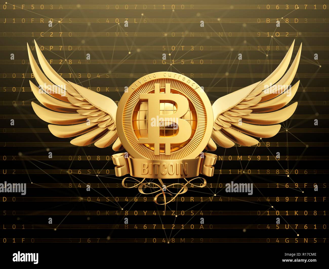 Bitcoin Logo auf digitalen Hintergrund. 3D-Darstellung. Stockfoto