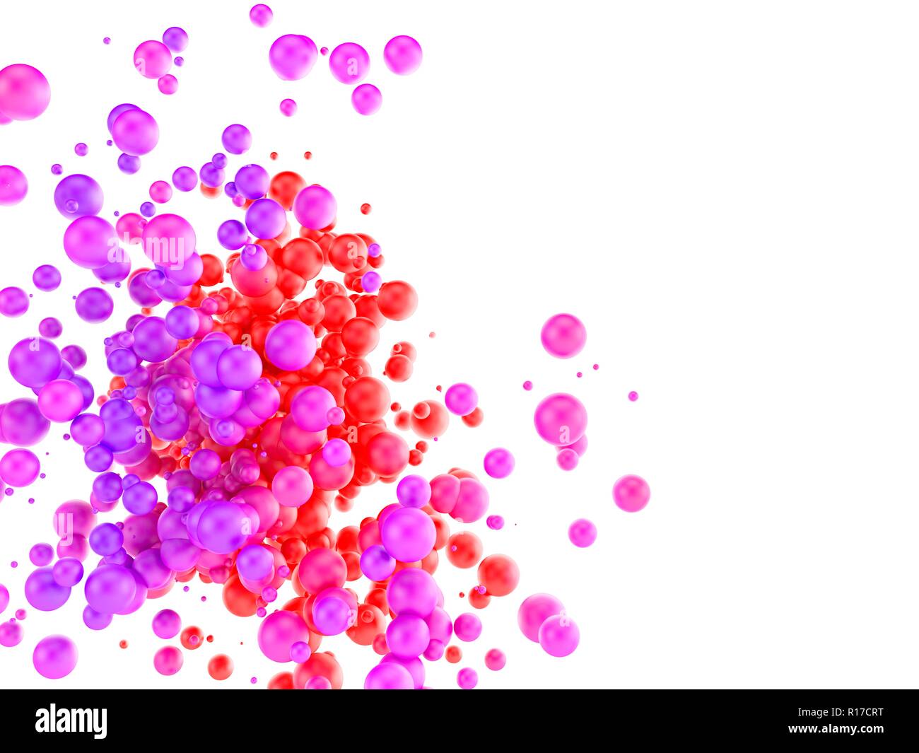 Farbenfrohe abstrakte Hintergrund. Viele sphärische Partikel auf einem weißen Hintergrund. 3D-Darstellung. Stockfoto