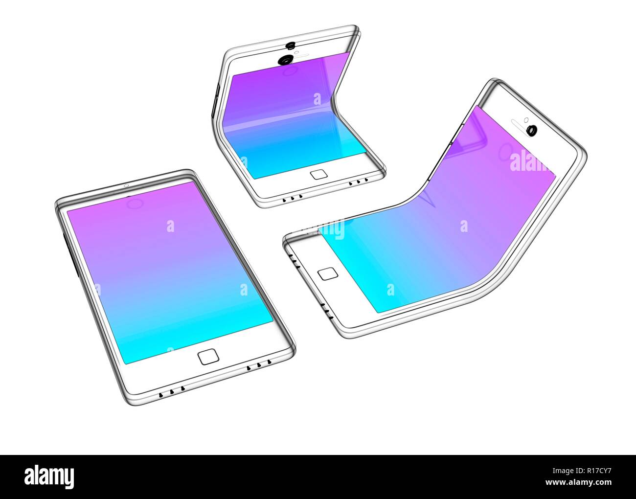 Abstrakte technische Zeichnung aus einem faltbaren Smartphone auf weißem Hintergrund. 3D-Darstellung. Stockfoto