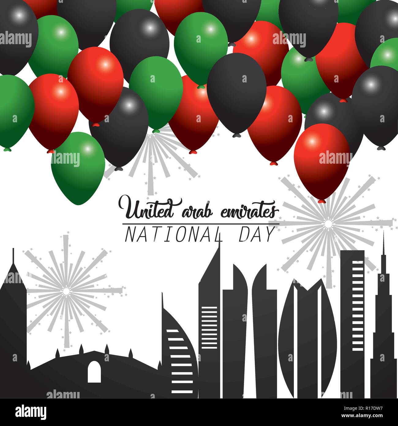 Uae nationalen Tag mit Ballons und Gebäude Stock Vektor