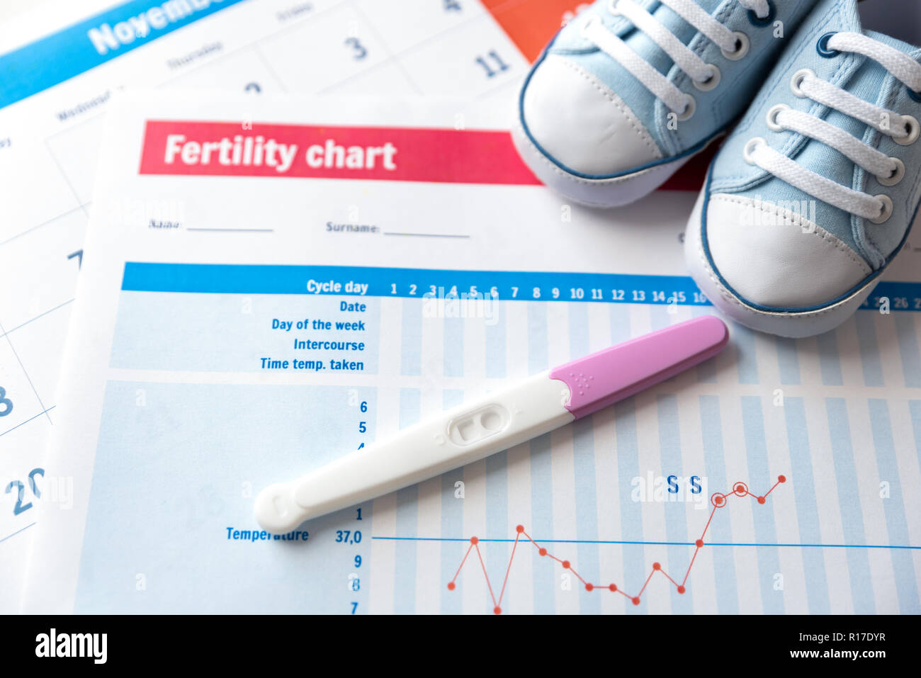 Schwangerschaft und Baby Schuhe auf die Fertilität. Erwarten ein Baby Konzept. Stockfoto
