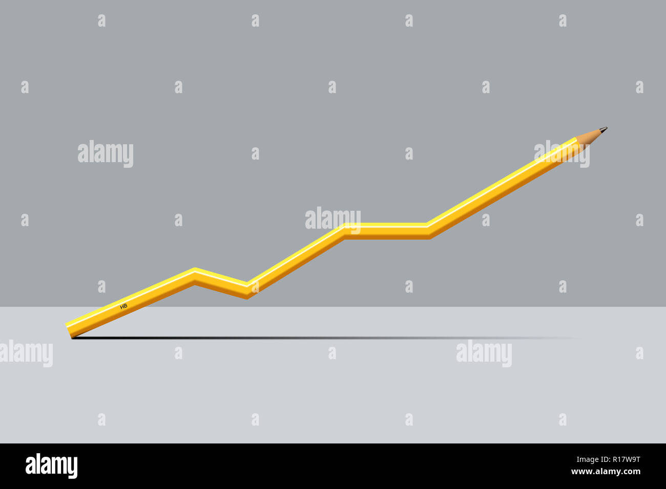 Gelbe Bleistift in Form von Nach oben Wachstum chart, grauer Hintergrund, Digital Image Stockfoto
