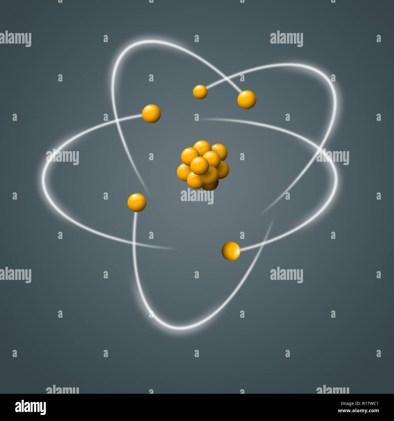 Gelbe atomaren Teilchen durch bewegliche Elektronen auf grauem Hintergrund umgeben, digitale Bild Stockfoto