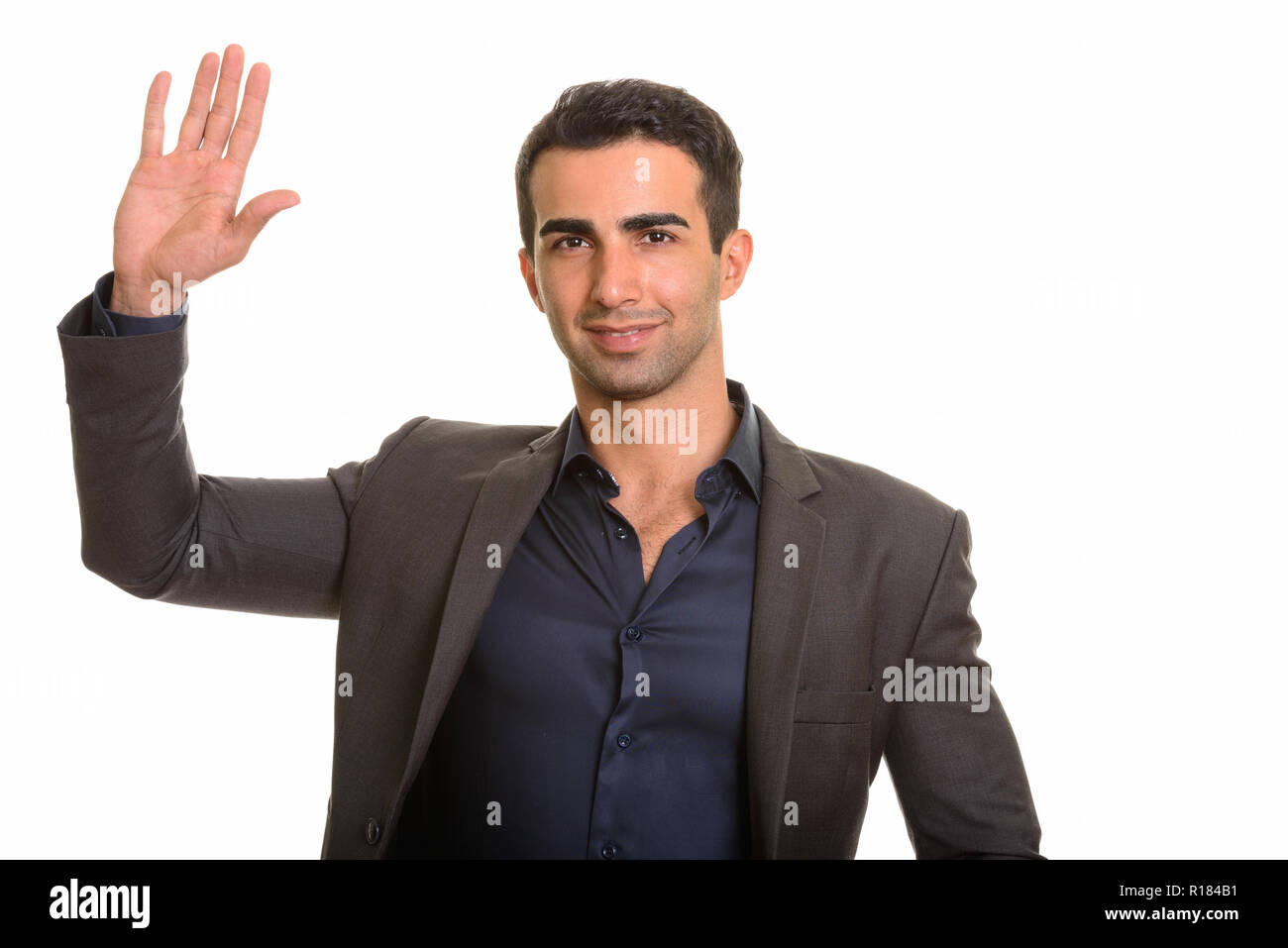 Porträt der jungen schönen persischen Geschäftsmann vor weißem Hintergrund Stockfoto