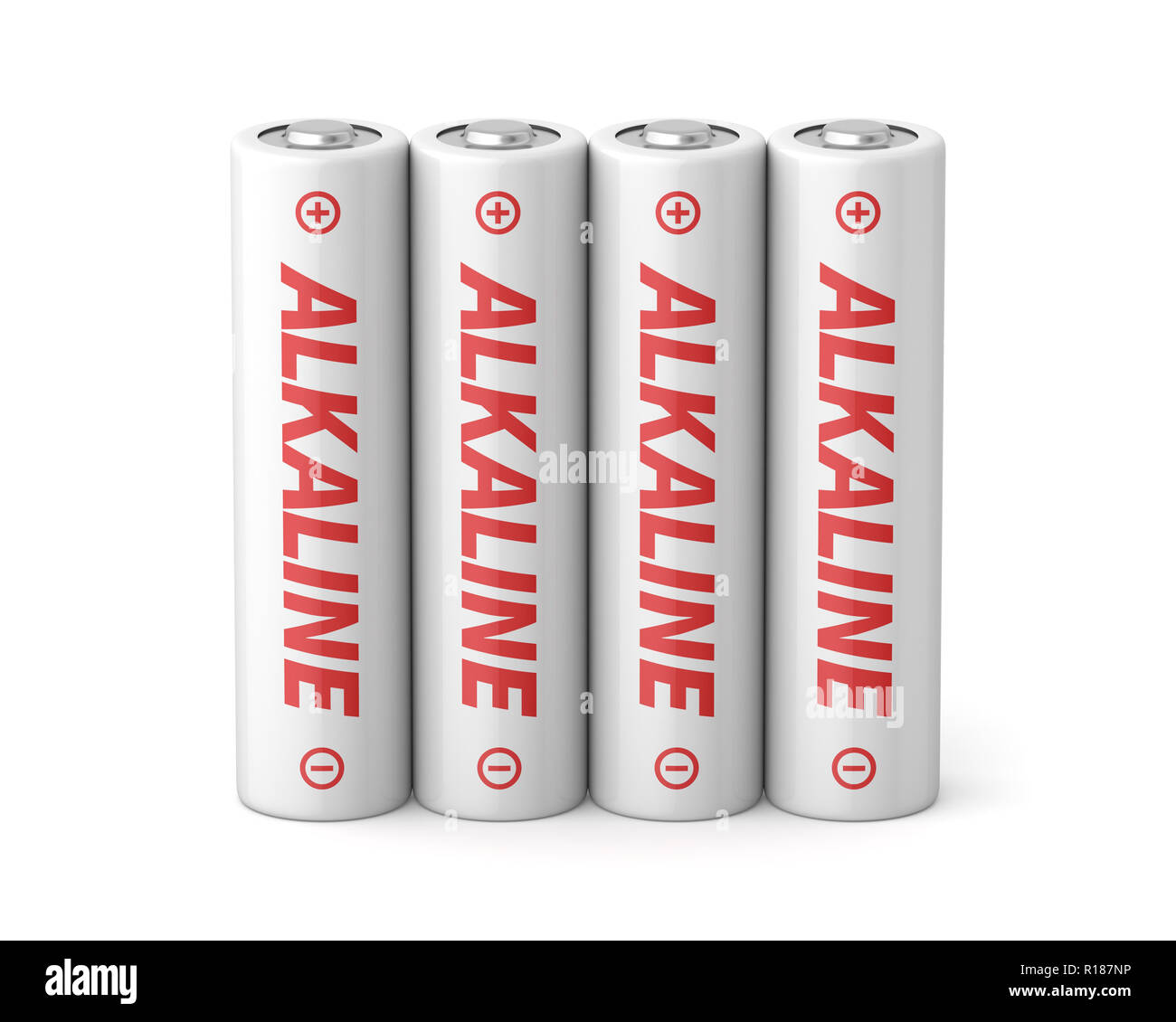3D-gerenderte vier AA-Alkaline-Batterien auf einem weißen Hintergrund. Stockfoto