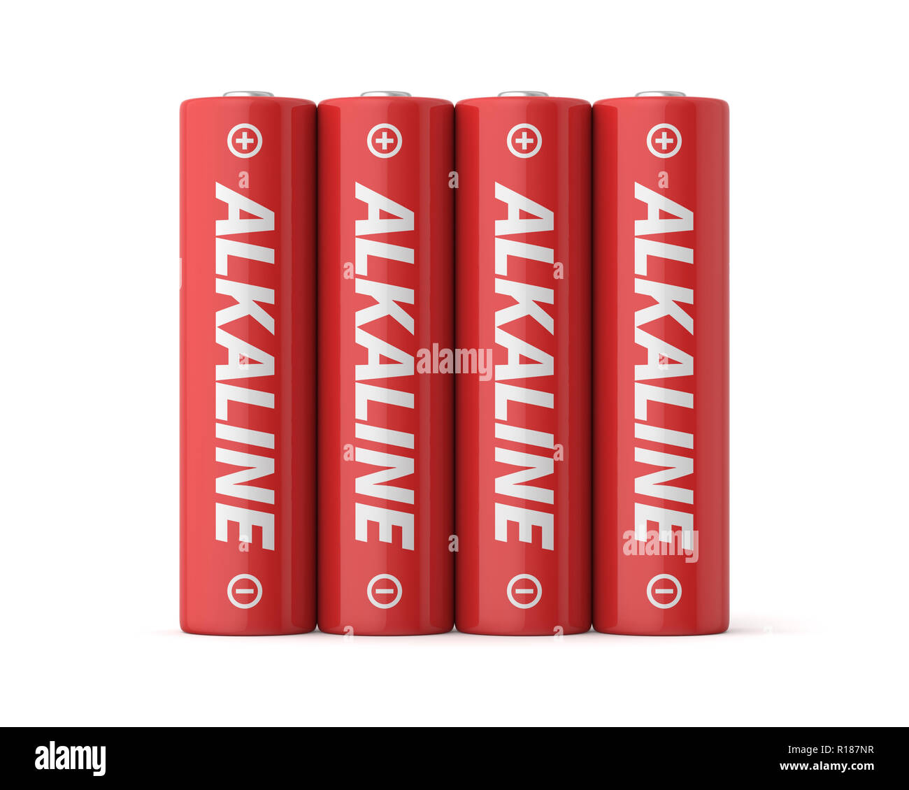 3D-gerenderte vier AA-Alkaline-Batterien auf einem weißen Hintergrund. Stockfoto