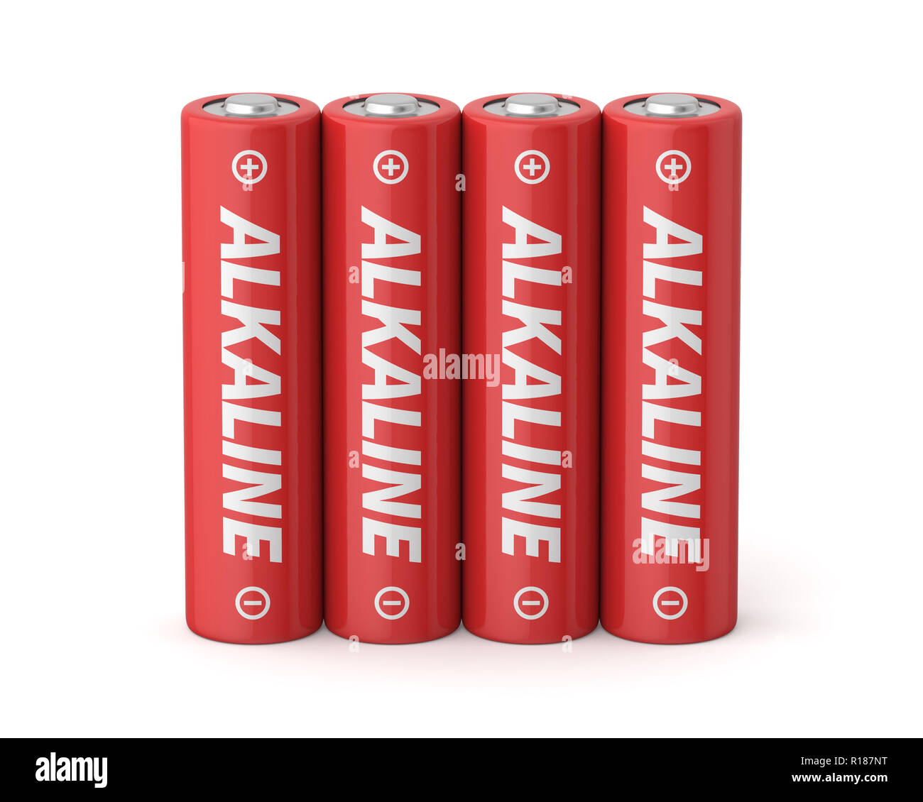 3D-gerenderte vier AA-Alkaline-Batterien auf einem weißen Hintergrund. Stockfoto