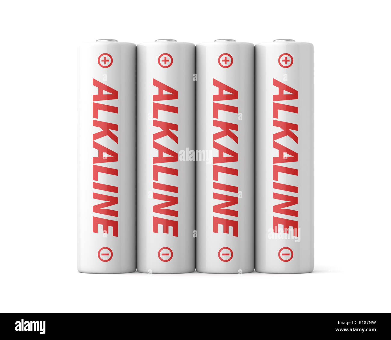 3D-gerenderte vier AA-Alkaline-Batterien auf einem weißen Hintergrund. Stockfoto