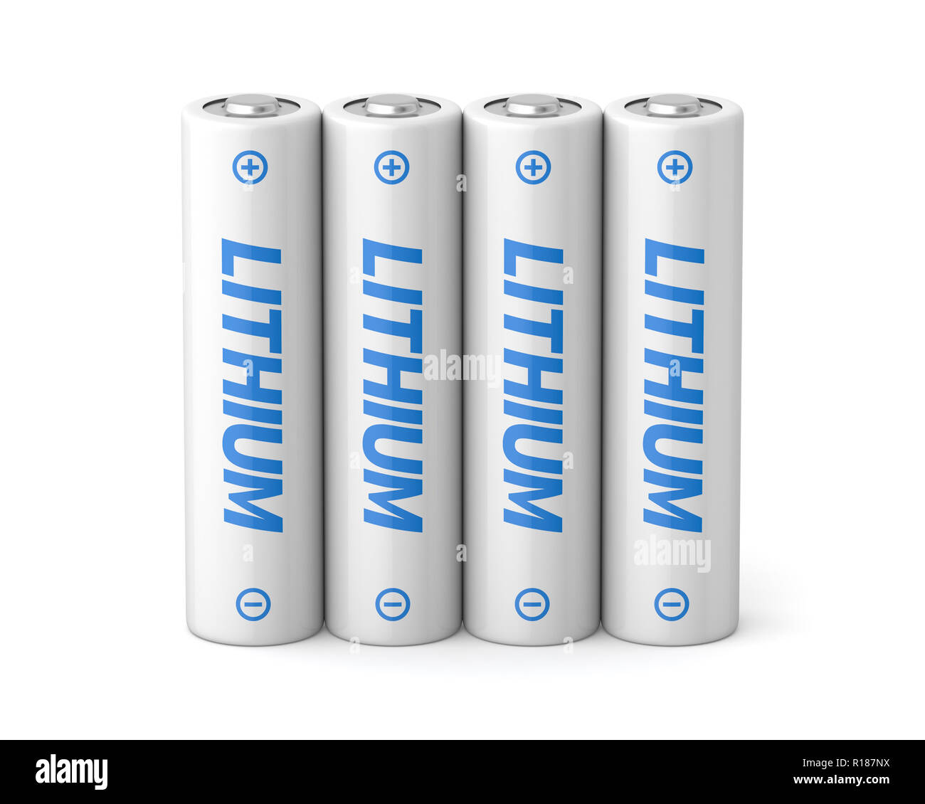 3d 4 Lithium aa batterien auf weißem Hintergrund dargestellt. Stockfoto