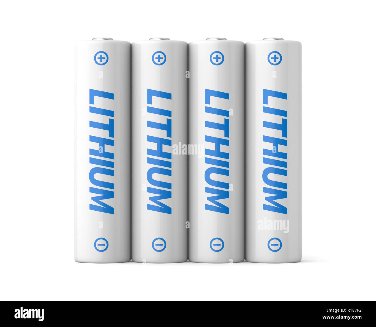 3d 4 Lithium aa batterien auf weißem Hintergrund dargestellt. Stockfoto