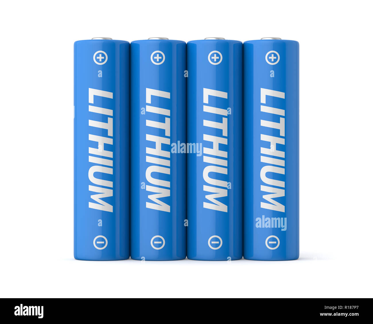 3d 4 Lithium aa batterien auf weißem Hintergrund dargestellt. Stockfoto