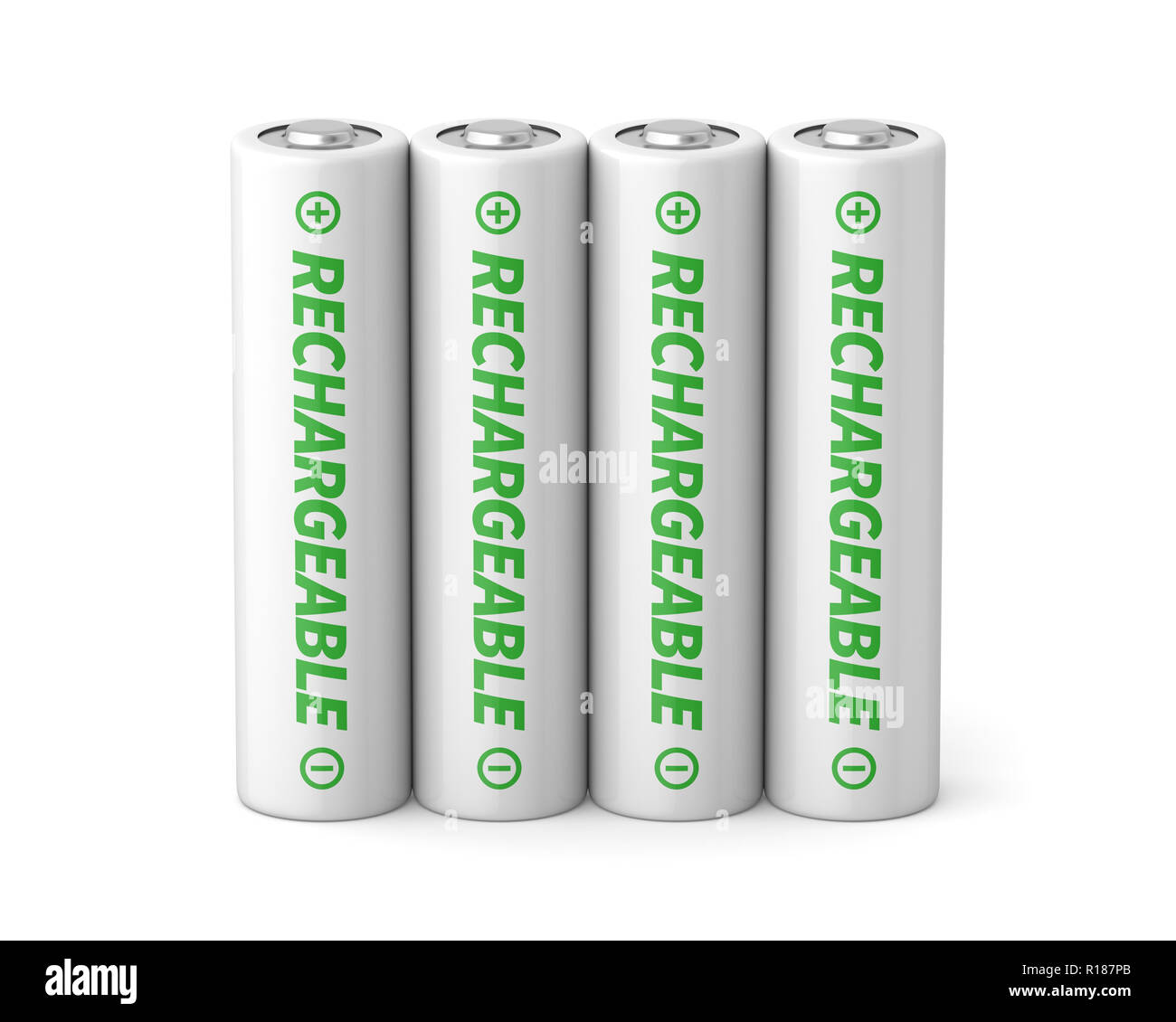3D-gerenderte vier AA Akkus auf einem weißen Hintergrund. Stockfoto