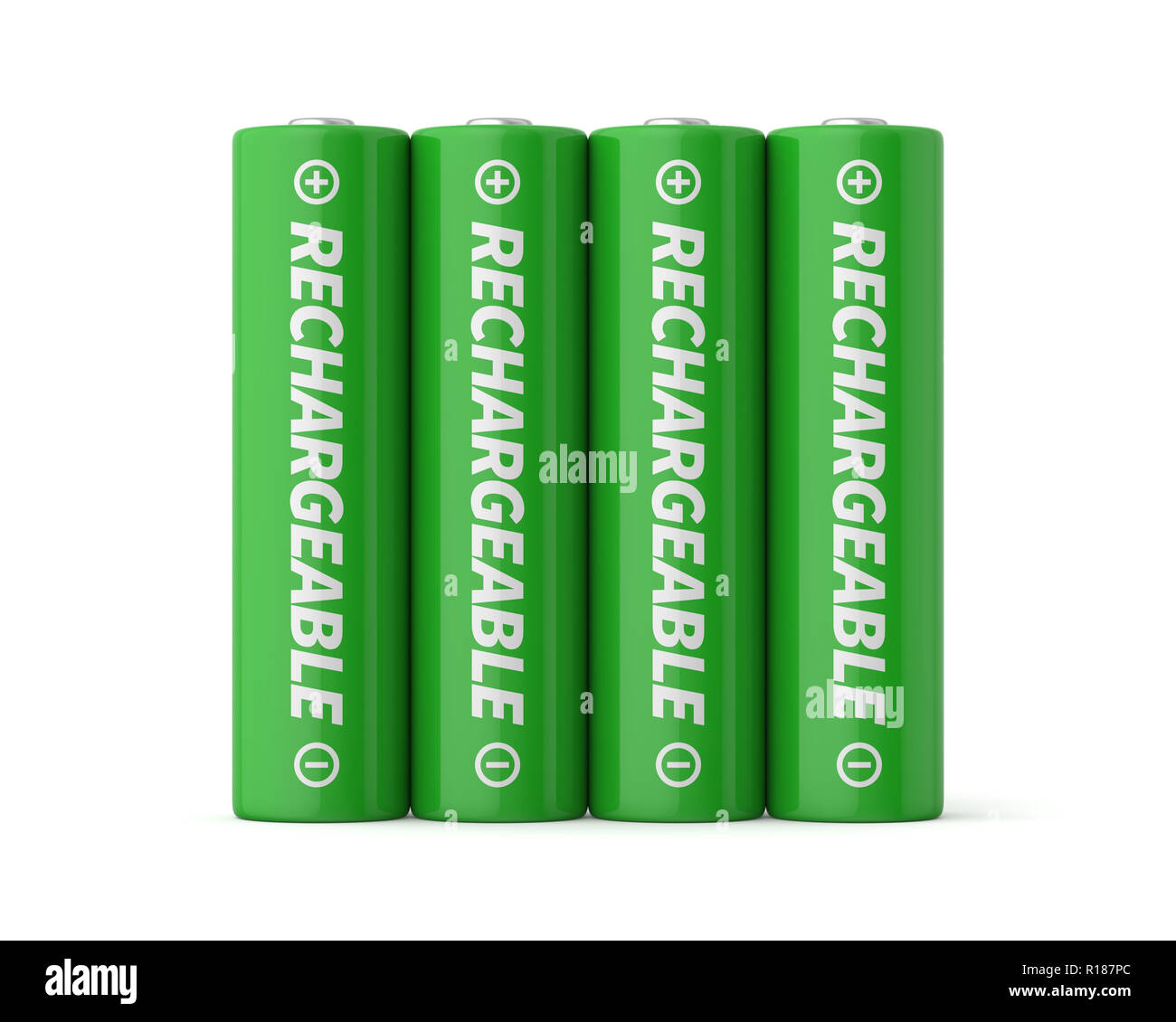 3D-gerenderte vier AA Akkus auf einem weißen Hintergrund. Stockfoto