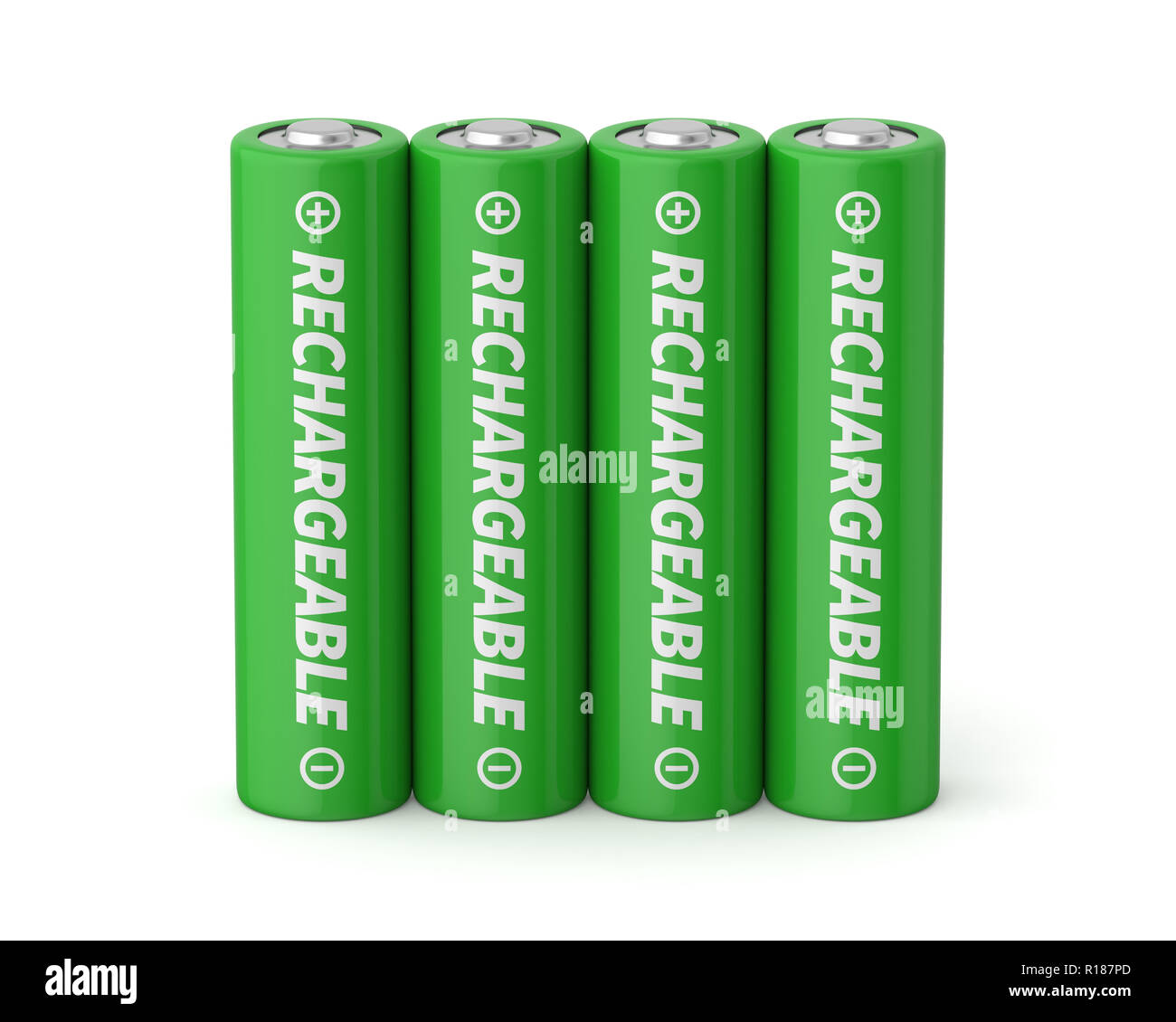3D-gerenderte vier AA Akkus auf einem weißen Hintergrund. Stockfoto