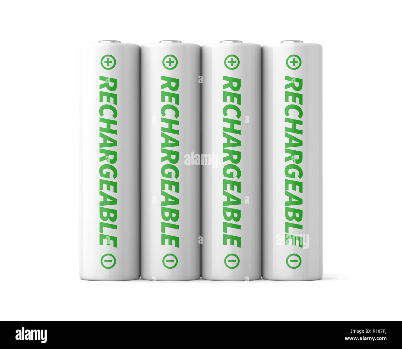 3D-gerenderte vier AA Akkus auf einem weißen Hintergrund. Stockfoto