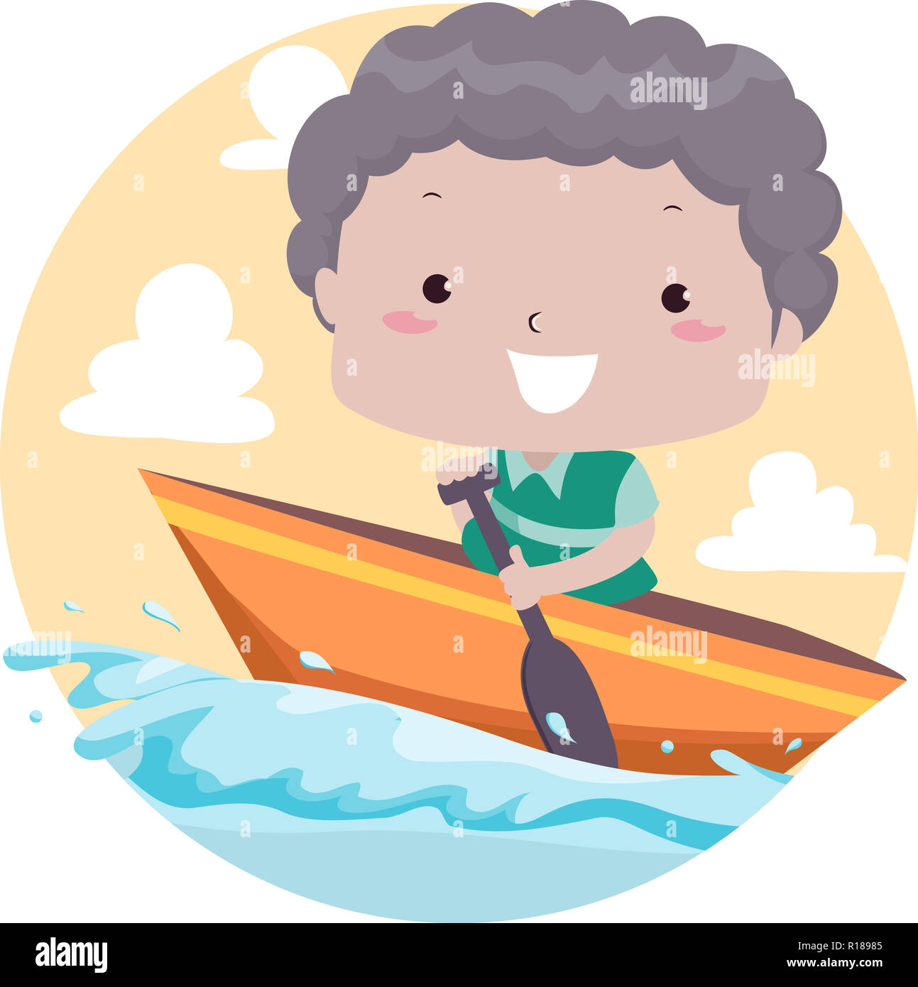 Abbildung: ein Kind Junge Reisen im Meer mit dem Boot, Rudern ein Ruder Stockfoto