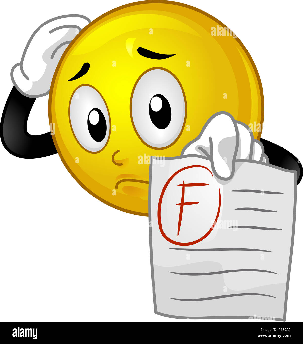 Abbildung: Ein trauriger Smiley Maskottchen zeigt eine f Grad auf Test Papier Stockfoto
