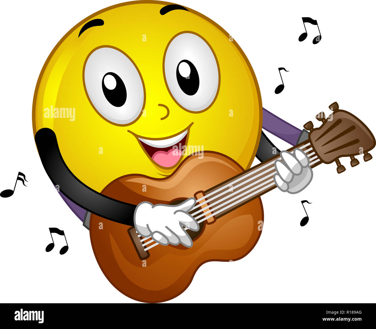 Abbildung: ein Smiley Maskottchen spielen Akustische Gitarre mit Noten Stockfoto