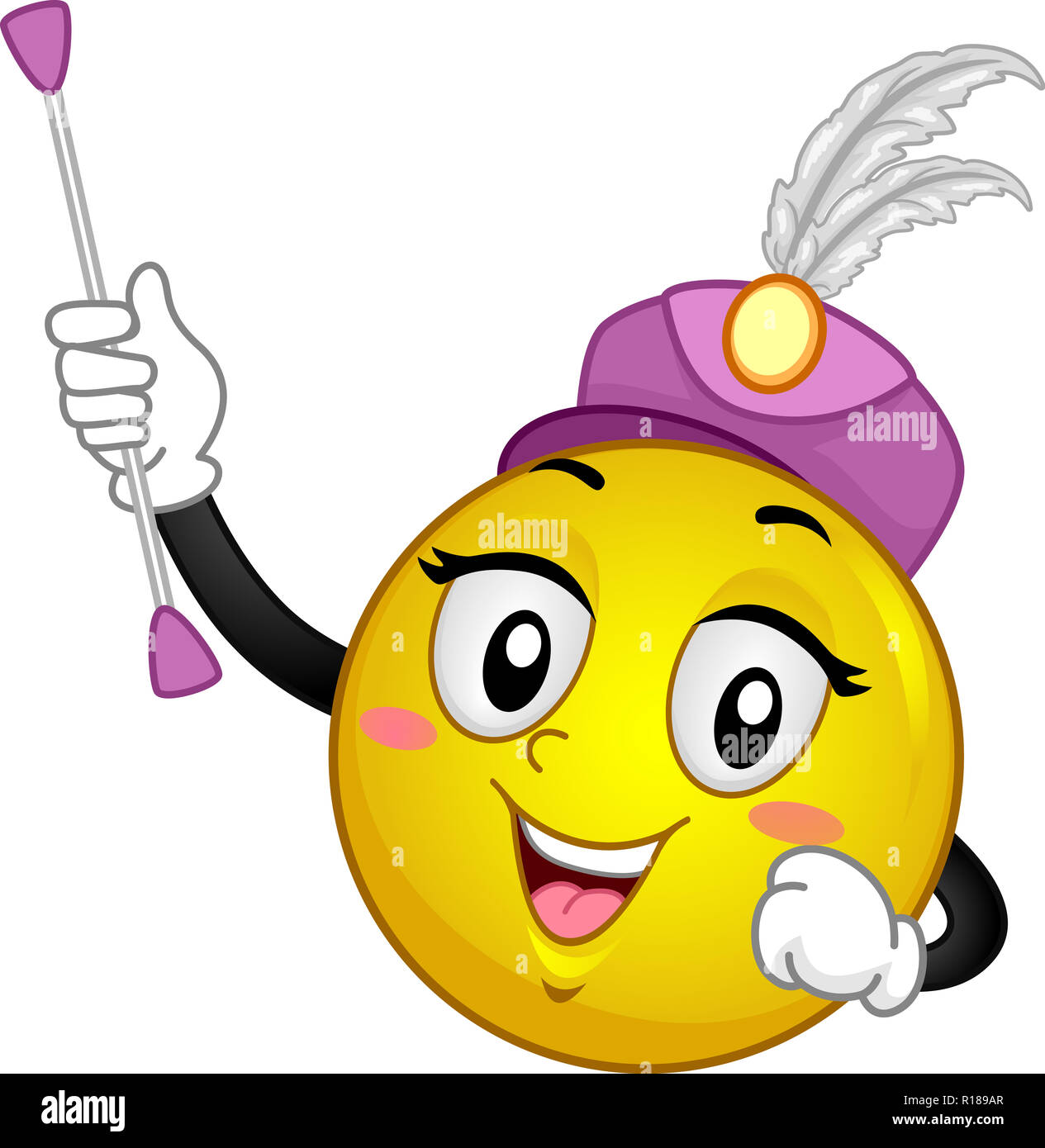 Abbildung: ein Smiley Maskottchen trägt einen Hut und Majorette Holding einen Stab Stockfoto