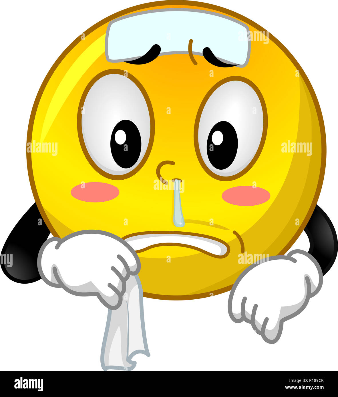 Abbildung: ein Maskottchen Smiley mit laufender Nase, einem Gewebe oder einem Taschentuch und ein Patch Stockfoto