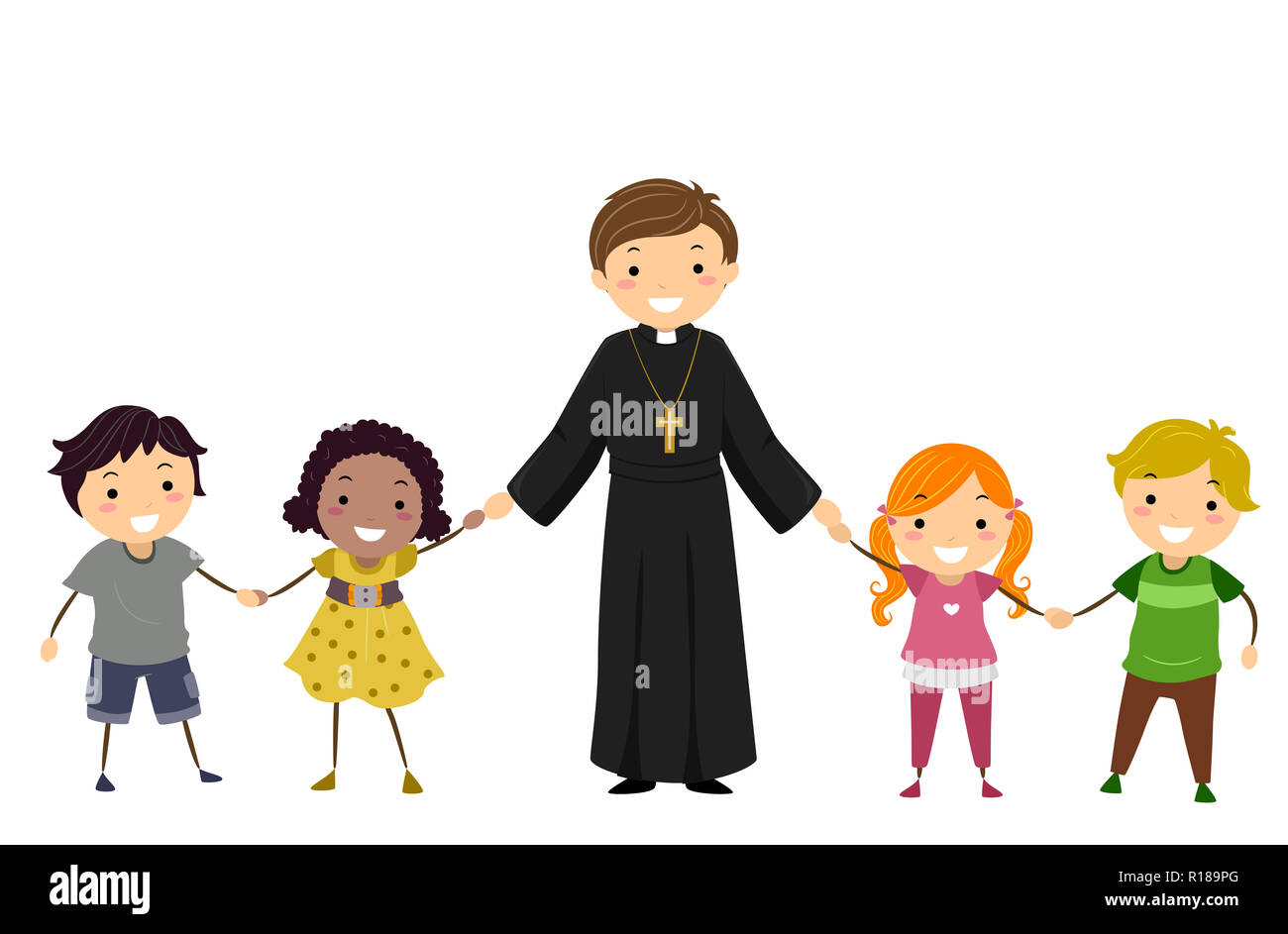 Abbildung ein Priester halten sich an den Händen der Stickman Kinder