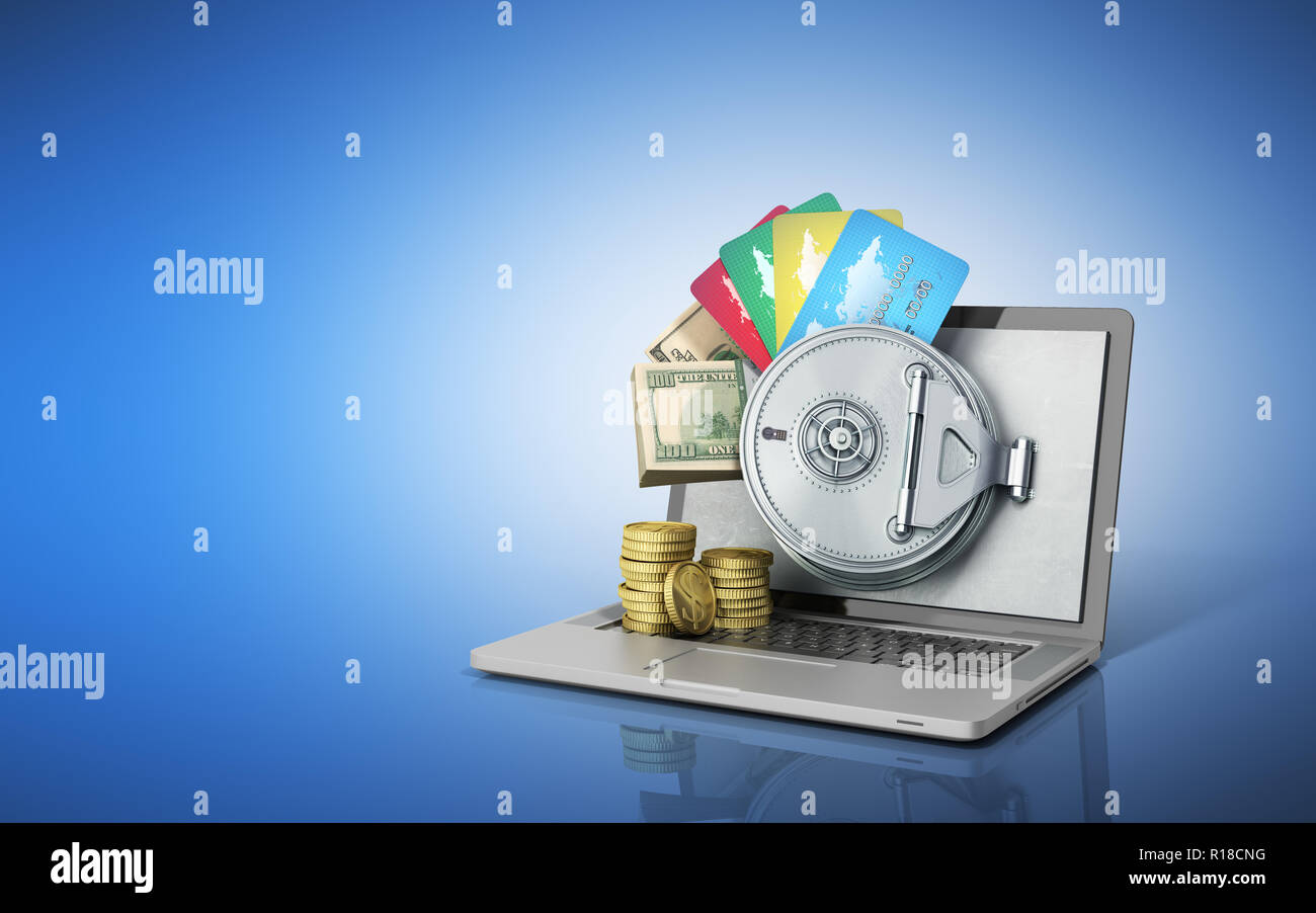 Das Konzept einer sicheren Online-Banking Geld und Karten hinter der geöffneten Tür der Bank vault auf dem Bildschirm 3D-Render auf Blau Stockfoto