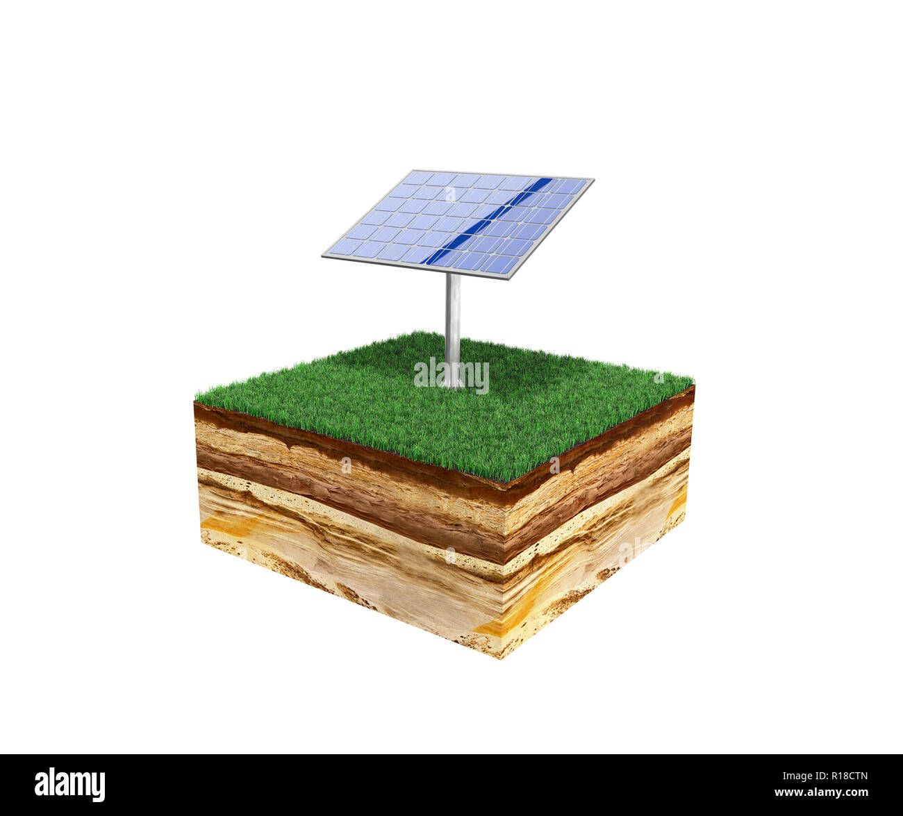 Konzept der alternativen Energie 3d-Abbildung der Querschnitt der Boden mit Gras auf Weiß kein Schatten isoliert Stockfoto