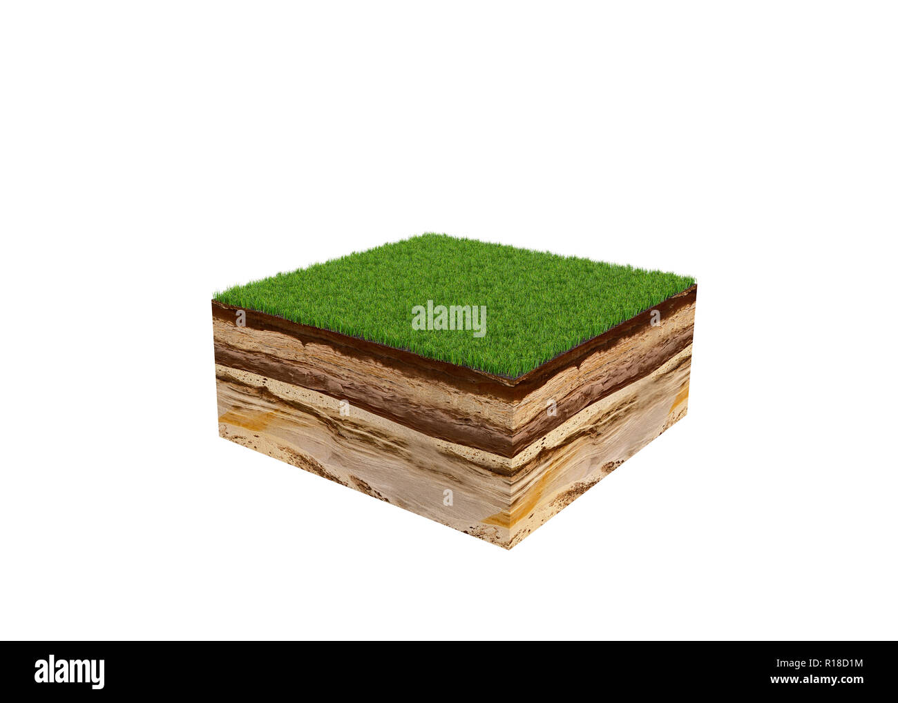 3D-Darstellung der Querschnitt der Boden mit Gras auf Weiß kein Schatten isoliert Stockfoto