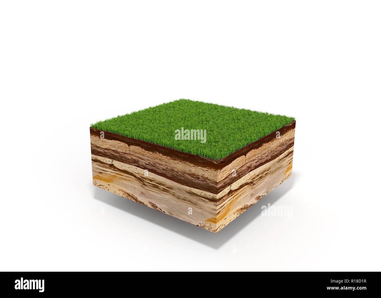3D-Darstellung der Querschnitt der Boden mit Gras isoliert auf weißem Stockfoto