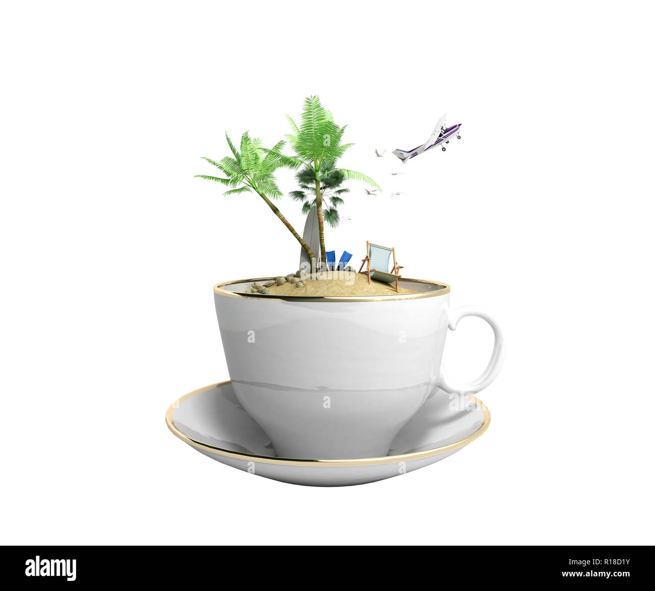Insel in einer Tasse Kaffee Konzept für Reise 3D-Render auf Weiß kein Schatten Stockfoto