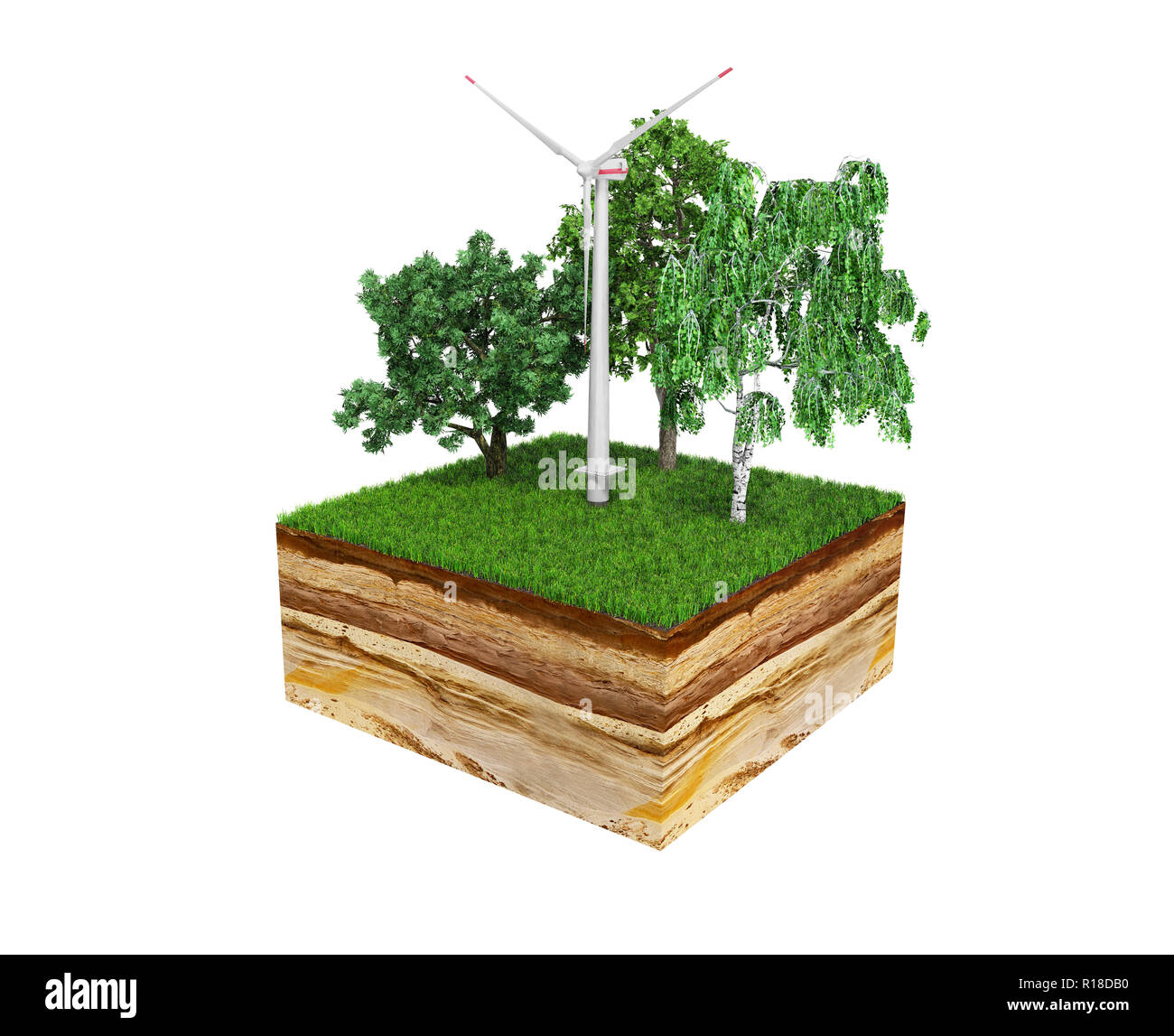 Konzept der alternativen Energie 3d-Abbildung der Querschnitt der Boden mit Gras auf Weiß kein Schatten Stockfoto