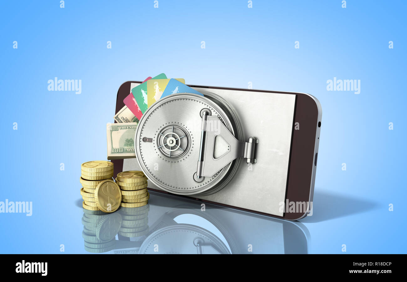 Mobile Banking Konzept Handy mit Geld dollar Stapel Münzen und Kreditkarten 3D-Render auf blauen Hintergrund Stockfoto