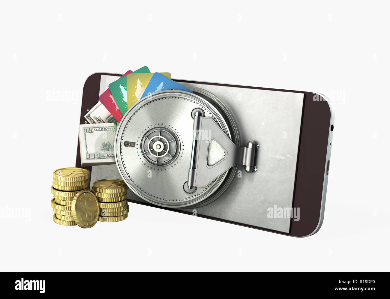 Mobile Banking Konzept Handy mit Dollar Stapel Münzen und Kreditkarten 3D-Render auf Weiß Stockfoto