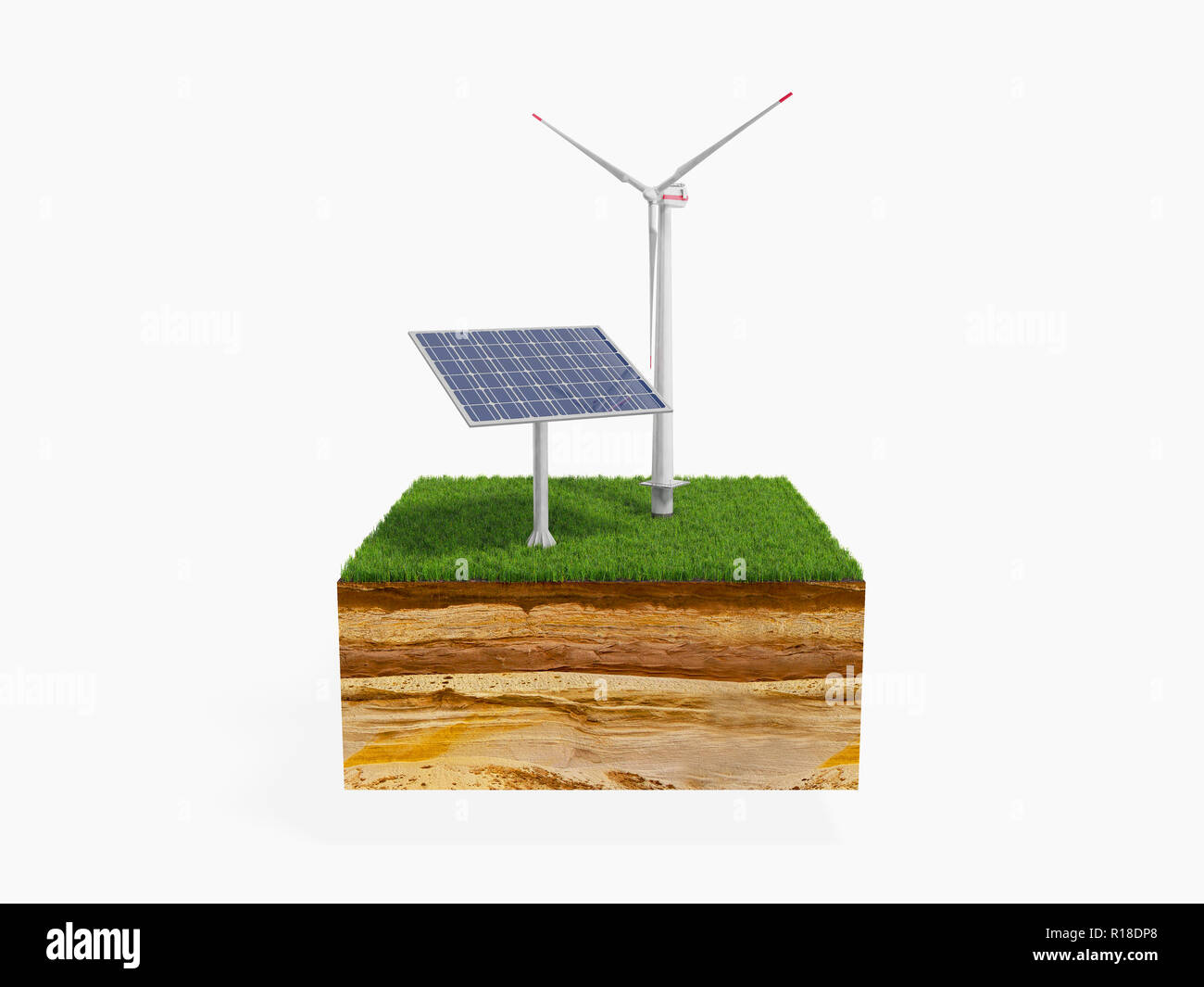 Konzept der alternativen Energie 3d-Abbildung der Querschnitt der Boden mit Gras Stockfoto