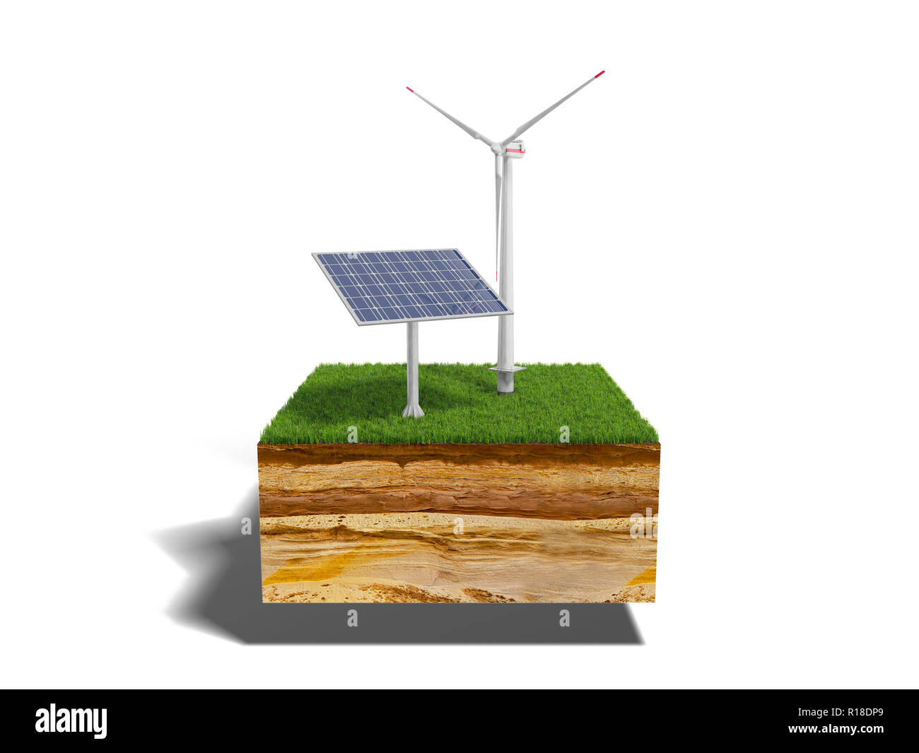 Konzept der alternativen Energie 3d-Abbildung der Querschnitt der Boden mit Gras isoliert auf weißem Stockfoto