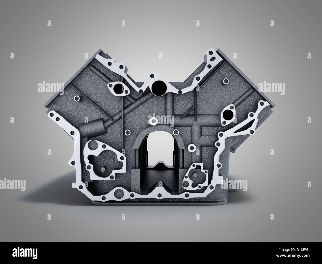 Zylinderblock von Auto mit V6-Motor 3D-Render auf grauem Hintergrund Stockfoto