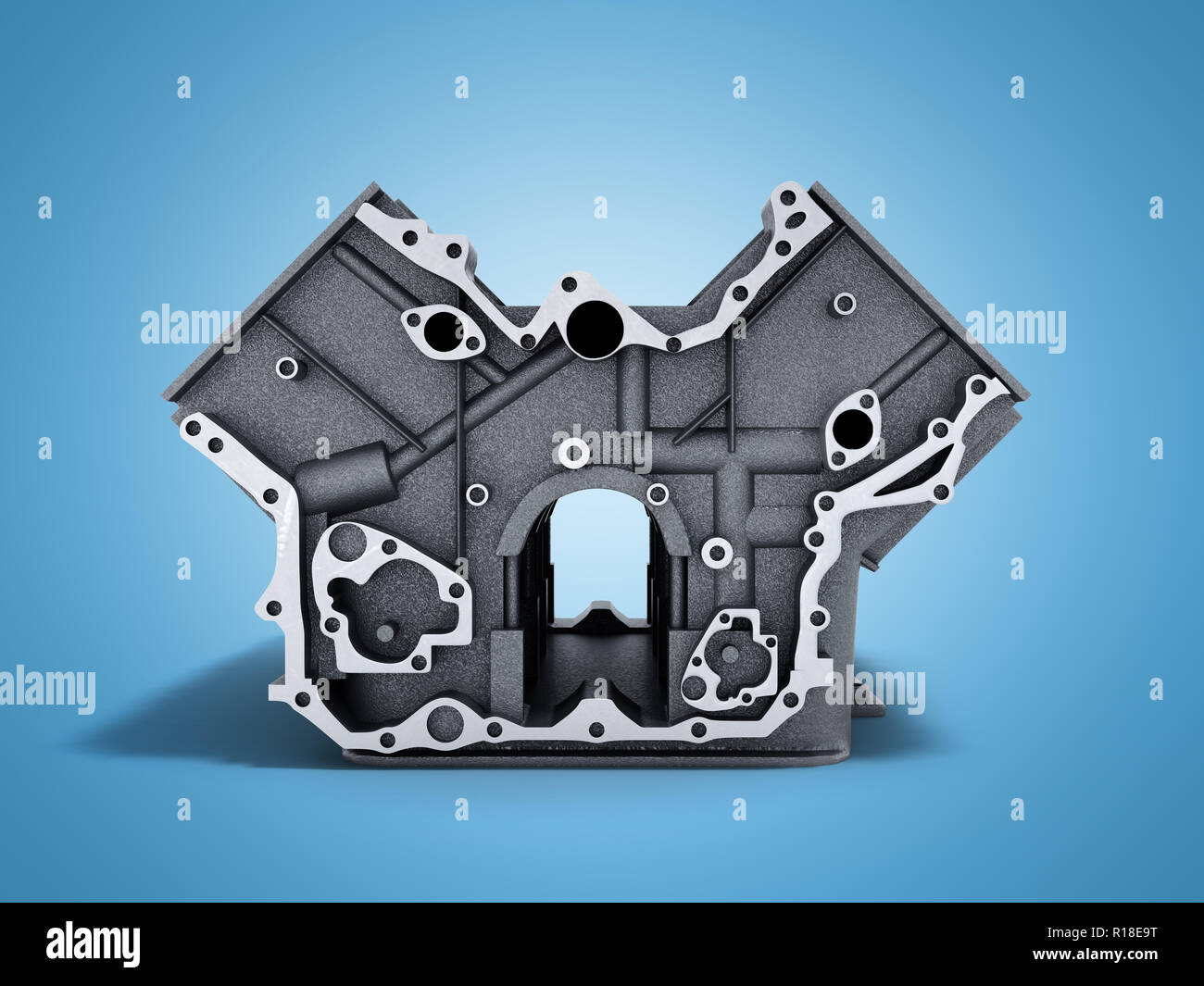 Zylinderblock von Auto mit V6-Motor 3D-Render auf einem blauen Hintergrund Stockfoto
