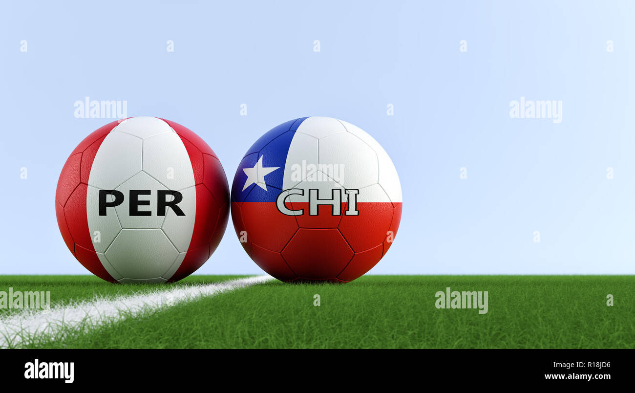 Peru gegen Chile Fußball Match - Fußball-Kugeln in Peru und Chile nationalen Farben auf einem Fußballfeld. Kopieren Sie Platz auf der rechten Seite - 3D-Rendering Stockfoto