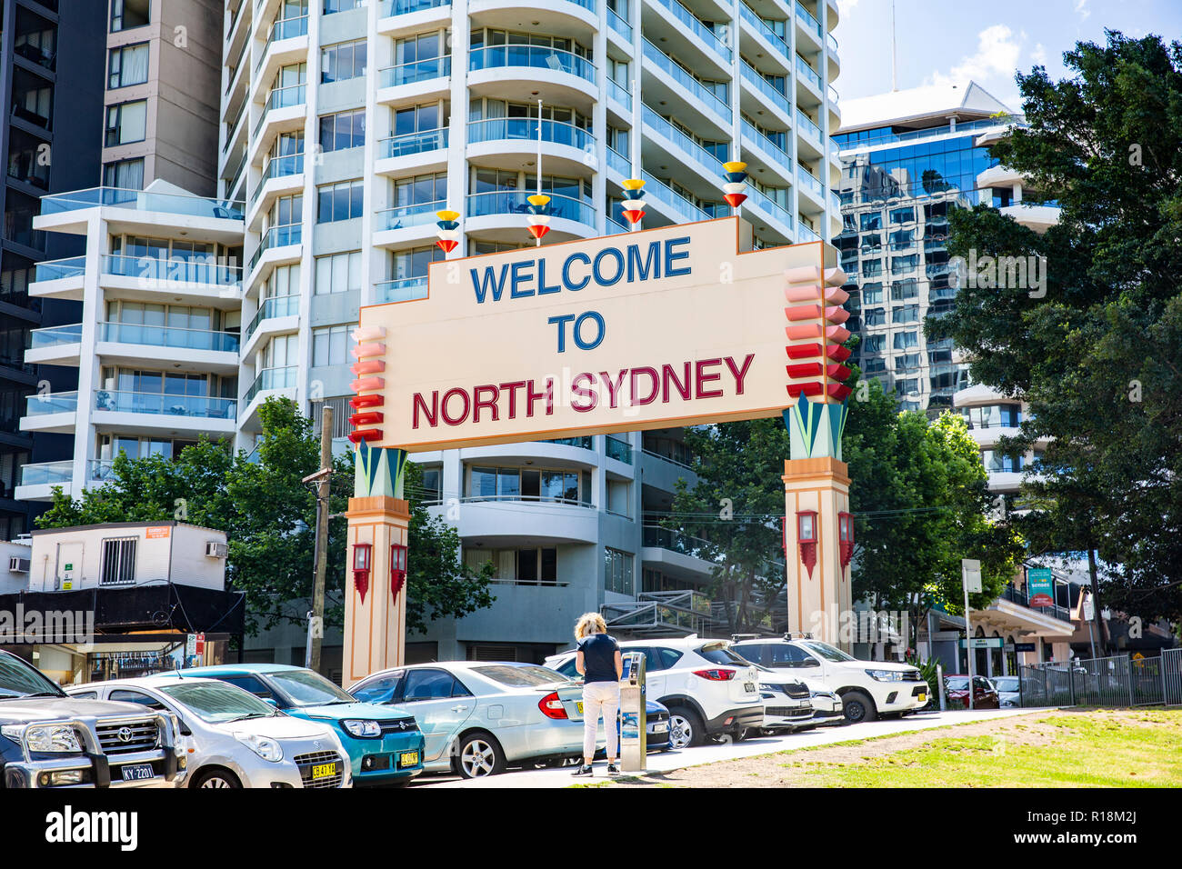 Nach North Sydney Schild am Milsons Point in North Sydney, Australien Willkommen Stockfoto