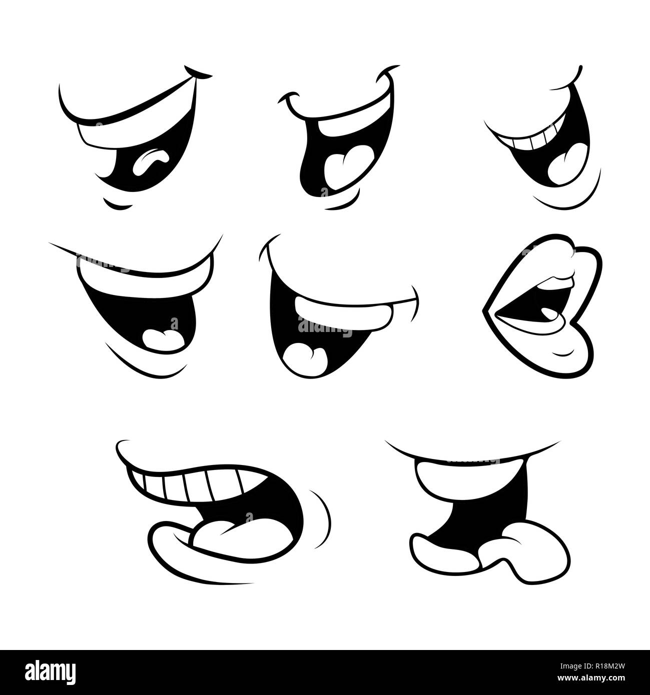 Umrisse Cartoon Mund gesetzt. Zunge, Lächeln, Zähne. Ausdrucksstarken Emotionen. Einfache flache Design auf weißem Hintergrund Stock Vektor