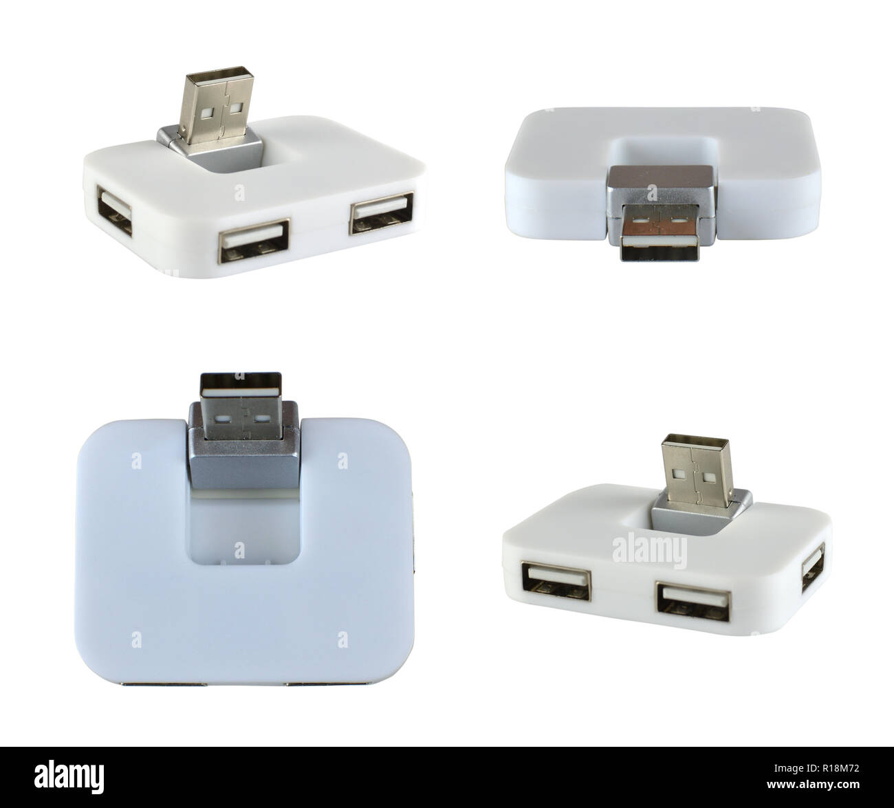 USB Hub in vier Positionen auf weißem Hintergrund Stockfoto