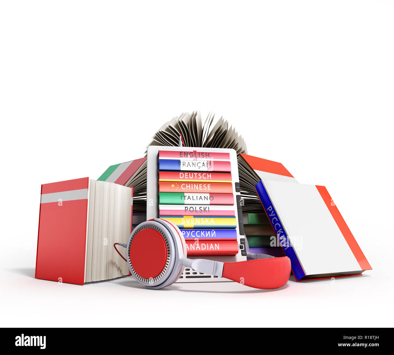 E-Book Audio Sprachen lernen und Bücher 3D-Render auf Weiß Stockfoto